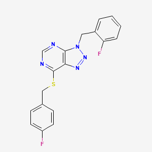 molecular formula C18H13F2N5S B2853683 3-[(2-Fluorophenyl)methyl]-7-[(4-fluorophenyl)methylsulfanyl]triazolo[4,5-d]pyrimidine CAS No. 863458-92-8