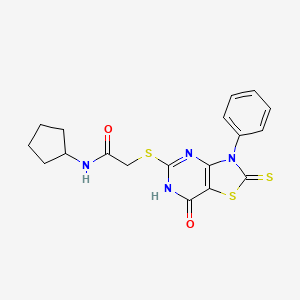 molecular formula C18H18N4O2S3 B2853692 N-cyclopentyl-2-((7-oxo-3-phenyl-2-thioxo-2,3,6,7-tetrahydrothiazolo[4,5-d]pyrimidin-5-yl)thio)acetamide CAS No. 1040653-82-4
