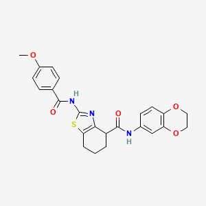 molecular formula C24H23N3O5S B2853706 N-(2,3-dihydrobenzo[b][1,4]dioxin-6-yl)-2-(4-methoxybenzamido)-4,5,6,7-tetrahydrobenzo[d]thiazole-4-carboxamide CAS No. 955634-37-4