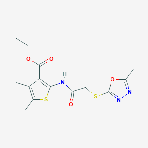 molecular formula C14H17N3O4S2 B285380 Ethyl 4,5-dimethyl-2-({[(5-methyl-1,3,4-oxadiazol-2-yl)sulfanyl]acetyl}amino)-3-thiophenecarboxylate 
