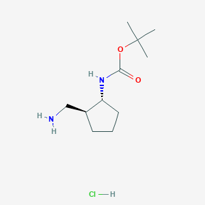molecular formula C11H23ClN2O2 B2853873 tert-butyl ((1R,2S)-2-(aminomethyl)cyclopentyl)carbamate hydrochloride CAS No. 2411591-58-5
