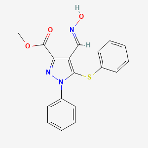molecular formula C18H15N3O3S B2853878 methyl 4-[(1E)-(hydroxyimino)methyl]-1-phenyl-5-(phenylsulfanyl)-1H-pyrazole-3-carboxylate CAS No. 318238-02-7