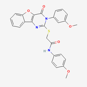 molecular formula C26H21N3O5S B2853972 N-(4-methoxyphenyl)-2-{[3-(3-methoxyphenyl)-4-oxo-3,4-dihydro[1]benzofuro[3,2-d]pyrimidin-2-yl]sulfanyl}acetamide CAS No. 872208-23-6