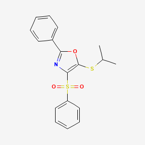 molecular formula C18H17NO3S2 B2854087 5-(Isopropylthio)-2-phenyl-4-(phenylsulfonyl)oxazole CAS No. 862807-05-4