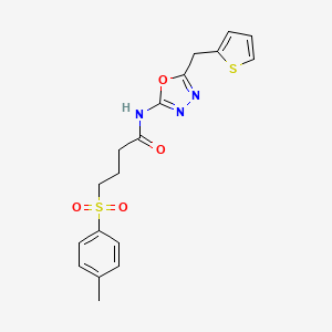 molecular formula C18H19N3O4S2 B2854198 N-(5-(thiophen-2-ylmethyl)-1,3,4-oxadiazol-2-yl)-4-tosylbutanamide CAS No. 1021052-10-7
