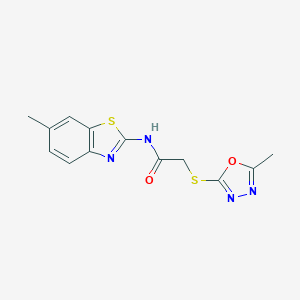 molecular formula C13H12N4O2S2 B285422 N-(6-methyl-1,3-benzothiazol-2-yl)-2-[(5-methyl-1,3,4-oxadiazol-2-yl)sulfanyl]acetamide 