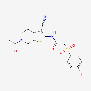 molecular formula C18H16FN3O4S2 B2854302 N-(6-acetyl-3-cyano-4,5,6,7-tetrahydrothieno[2,3-c]pyridin-2-yl)-2-((4-fluorophenyl)sulfonyl)acetamide CAS No. 895478-18-9