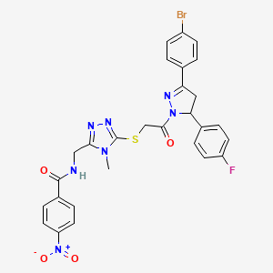 molecular formula C28H23BrFN7O4S B2854495 N-((5-((2-(3-(4-bromophenyl)-5-(4-fluorophenyl)-4,5-dihydro-1H-pyrazol-1-yl)-2-oxoethyl)thio)-4-methyl-4H-1,2,4-triazol-3-yl)methyl)-4-nitrobenzamide CAS No. 393583-16-9