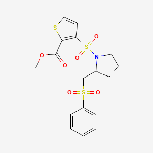 molecular formula C17H19NO6S3 B2854562 Methyl 3-((2-((phenylsulfonyl)methyl)pyrrolidin-1-yl)sulfonyl)thiophene-2-carboxylate CAS No. 1448035-37-7