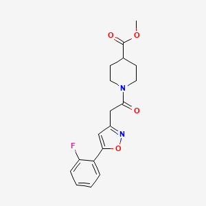 molecular formula C18H19FN2O4 B2854708 Methyl 1-(2-(5-(2-fluorophenyl)isoxazol-3-yl)acetyl)piperidine-4-carboxylate CAS No. 1203333-04-3