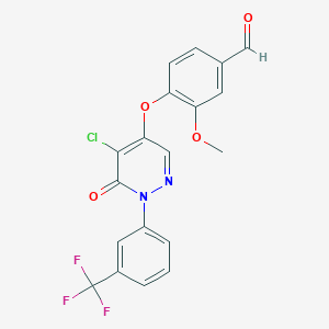 molecular formula C19H12ClF3N2O4 B2854726 4-({5-Chloro-6-oxo-1-[3-(trifluoromethyl)phenyl]-1,6-dihydropyridazin-4-yl}oxy)-3-methoxybenzaldehyde CAS No. 881580-69-4