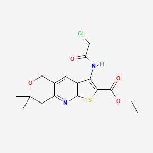 molecular formula C17H19ClN2O4S B2854734 ethyl 3-(2-chloroacetamido)-7,7-dimethyl-7,8-dihydro-5H-pyrano[4,3-b]thieno[3,2-e]pyridine-2-carboxylate CAS No. 929865-77-0