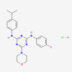 molecular formula C22H26ClFN6O B2854857 N2-(4-fluorophenyl)-6-(morpholin-4-yl)-N4-[4-(propan-2-yl)phenyl]-1,3,5-triazine-2,4-diamine hydrochloride CAS No. 1179431-04-9