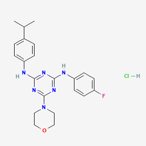 molecular formula C22H26ClFN6O B2854857 N2-(4-fluorophenyl)-N4-(4-isopropylphenyl)-6-morpholino-1,3,5-triazine-2,4-diamine hydrochloride CAS No. 1179431-04-9
