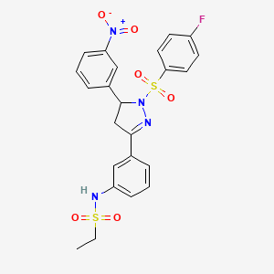 molecular formula C23H21FN4O6S2 B2854910 N-{3-[1-(4-fluorobenzenesulfonyl)-5-(3-nitrophenyl)-4,5-dihydro-1H-pyrazol-3-yl]phenyl}ethane-1-sulfonamide CAS No. 851782-98-4