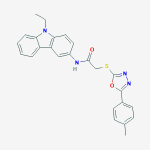 molecular formula C25H22N4O2S B285502 N-(9-ethyl-9H-carbazol-3-yl)-2-{[5-(4-methylphenyl)-1,3,4-oxadiazol-2-yl]sulfanyl}acetamide 