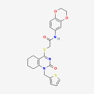 molecular formula C23H23N3O4S2 B2855199 N-(2,3-dihydro-1,4-benzodioxin-6-yl)-2-({2-oxo-1-[(thiophen-2-yl)methyl]-1,2,5,6,7,8-hexahydroquinazolin-4-yl}sulfanyl)acetamide CAS No. 899955-10-3