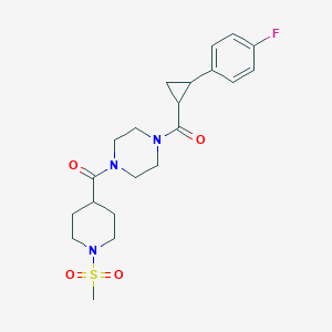 molecular formula C21H28FN3O4S B2855216 (4-(2-(4-Fluorophenyl)cyclopropanecarbonyl)piperazin-1-yl)(1-(methylsulfonyl)piperidin-4-yl)methanone CAS No. 1208726-88-8
