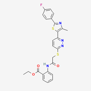 molecular formula C25H21FN4O3S2 B2855291 Ethyl 2-(2-((6-(2-(4-fluorophenyl)-4-methylthiazol-5-yl)pyridazin-3-yl)thio)acetamido)benzoate CAS No. 923147-79-9
