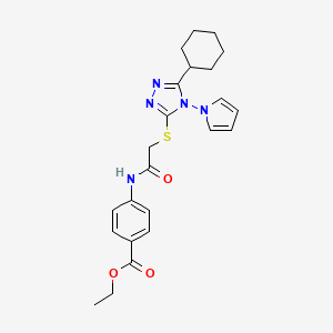 molecular formula C23H27N5O3S B2855347 ethyl 4-(2-{[5-cyclohexyl-4-(1H-pyrrol-1-yl)-4H-1,2,4-triazol-3-yl]sulfanyl}acetamido)benzoate CAS No. 896312-27-9