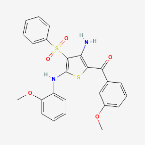 molecular formula C25H22N2O5S2 B2855638 3-(benzenesulfonyl)-5-(3-methoxybenzoyl)-N2-(2-methoxyphenyl)thiophene-2,4-diamine CAS No. 941982-79-2