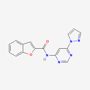 molecular formula C16H11N5O2 B2855677 N-(6-(1H-pyrazol-1-yl)pyrimidin-4-yl)benzofuran-2-carboxamide CAS No. 1428372-72-8