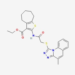 molecular formula C25H26N4O3S2 B2855758 ETHYL 2-[2-({4-METHYL-[1,2,4]TRIAZOLO[4,3-A]QUINOLIN-1-YL}SULFANYL)ACETAMIDO]-4H,5H,6H,7H,8H-CYCLOHEPTA[B]THIOPHENE-3-CARBOXYLATE CAS No. 671199-45-4