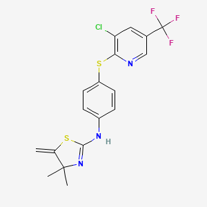 molecular formula C18H15ClF3N3S2 B2856488 N-(4-{[3-chloro-5-(trifluoromethyl)pyridin-2-yl]sulfanyl}phenyl)-4,4-dimethyl-5-methylidene-4,5-dihydro-1,3-thiazol-2-amine CAS No. 1022256-84-3