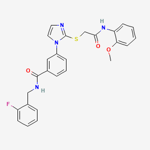 molecular formula C26H23FN4O3S B2856516 N-[(2-fluorophenyl)methyl]-3-[2-({[(2-methoxyphenyl)carbamoyl]methyl}sulfanyl)-1H-imidazol-1-yl]benzamide CAS No. 1115403-60-5