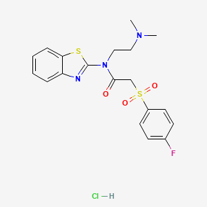 molecular formula C19H21ClFN3O3S2 B2856620 N-(1,3-BENZOTHIAZOL-2-YL)-N-[2-(DIMETHYLAMINO)ETHYL]-2-(4-FLUOROBENZENESULFONYL)ACETAMIDE HYDROCHLORIDE CAS No. 1215712-55-2