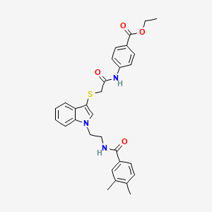 molecular formula C30H31N3O4S B2856697 ethyl 4-{2-[(1-{2-[(3,4-dimethylphenyl)formamido]ethyl}-1H-indol-3-yl)sulfanyl]acetamido}benzoate CAS No. 532974-93-9