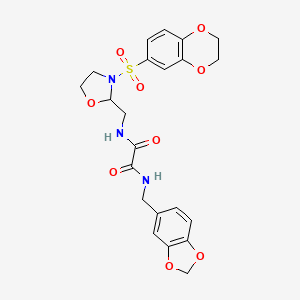 molecular formula C22H23N3O9S B2857324 N'-[(2H-1,3-benzodioxol-5-yl)methyl]-N-{[3-(2,3-dihydro-1,4-benzodioxine-6-sulfonyl)-1,3-oxazolidin-2-yl]methyl}ethanediamide CAS No. 868982-43-8