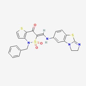molecular formula C23H18N4O3S3 B2857427 (3Z)-1-benzyl-3-[({7-thia-2,5-diazatricyclo[6.4.0.0^{2,6}]dodeca-1(8),5,9,11-tetraen-11-yl}amino)methylidene]-1H,3H,4H-2lambda6-thieno[3,2-c][1,2]thiazine-2,2,4-trione CAS No. 894671-89-7