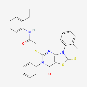 molecular formula C28H24N4O2S3 B2857526 N-(2-ethylphenyl)-2-{[3-(2-methylphenyl)-7-oxo-6-phenyl-2-sulfanylidene-2H,3H,6H,7H-[1,3]thiazolo[4,5-d]pyrimidin-5-yl]sulfanyl}acetamide CAS No. 422524-87-6