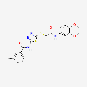 molecular formula C20H18N4O4S2 B2857802 N-(5-((2-((2,3-dihydrobenzo[b][1,4]dioxin-6-yl)amino)-2-oxoethyl)thio)-1,3,4-thiadiazol-2-yl)-3-methylbenzamide CAS No. 868973-08-4
