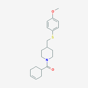 molecular formula C20H27NO2S B2857956 Cyclohex-3-en-1-yl(4-(((4-methoxyphenyl)thio)methyl)piperidin-1-yl)methanone CAS No. 1421526-22-8