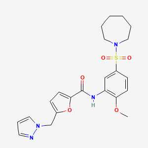molecular formula C22H26N4O5S B2858011 N-[5-(Azepane-1-sulfonyl)-2-methoxyphenyl]-5-(1H-pyrazol-1-ylmethyl)furan-2-carboxamide CAS No. 1169951-41-0