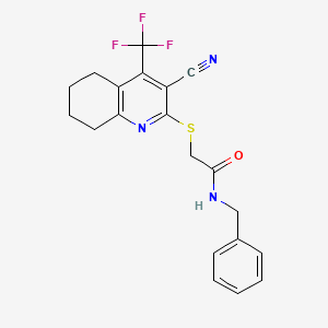 molecular formula C20H18F3N3OS B2858172 N-benzyl-2-{[3-cyano-4-(trifluoromethyl)-5,6,7,8-tetrahydroquinolin-2-yl]sulfanyl}acetamide CAS No. 905773-33-3