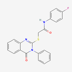 molecular formula C22H16FN3O2S B2858265 N-(4-fluorophenyl)-2-[(4-oxo-3-phenyl-3,4-dihydroquinazolin-2-yl)sulfanyl]acetamide CAS No. 256955-31-4