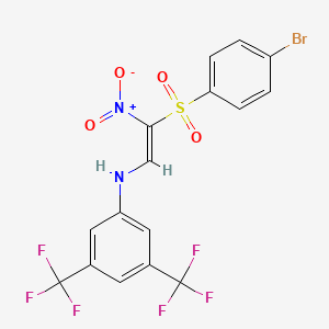 molecular formula C16H9BrF6N2O4S B2858520 N-[(E)-2-(4-bromobenzenesulfonyl)-2-nitroethenyl]-3,5-bis(trifluoromethyl)aniline CAS No. 1025617-12-2