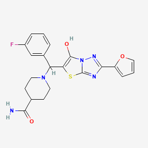 molecular formula C21H20FN5O3S B2858675 1-[(3-fluorophenyl)[2-(furan-2-yl)-6-hydroxy-[1,2,4]triazolo[3,2-b][1,3]thiazol-5-yl]methyl]piperidine-4-carboxamide CAS No. 887221-91-2