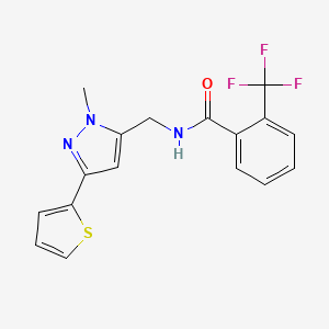 molecular formula C17H14F3N3OS B2858835 N-{[1-methyl-3-(thiophen-2-yl)-1H-pyrazol-5-yl]methyl}-2-(trifluoromethyl)benzamide CAS No. 2320538-97-2