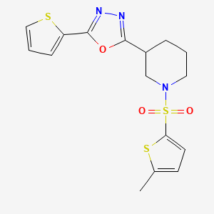 molecular formula C16H17N3O3S3 B2858849 2-(1-((5-Methylthiophen-2-yl)sulfonyl)piperidin-3-yl)-5-(thiophen-2-yl)-1,3,4-oxadiazole CAS No. 1226433-63-1