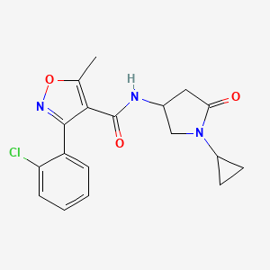 molecular formula C18H18ClN3O3 B2859113 3-(2-chlorophenyl)-N-(1-cyclopropyl-5-oxopyrrolidin-3-yl)-5-methylisoxazole-4-carboxamide CAS No. 1396843-99-4