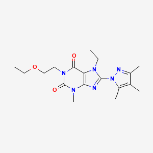 molecular formula C18H26N6O3 B2859165 1-(2-Ethoxyethyl)-7-ethyl-3-methyl-8-(3,4,5-trimethylpyrazolyl)-1,3,7-trihydro purine-2,6-dione CAS No. 1014010-20-8
