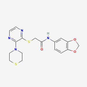 molecular formula C17H18N4O3S2 B2859197 N-(2H-1,3-benzodioxol-5-yl)-2-{[3-(thiomorpholin-4-yl)pyrazin-2-yl]sulfanyl}acetamide CAS No. 1189507-42-3