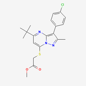 molecular formula C20H22ClN3O2S B2859263 Methyl {[5-tert-butyl-3-(4-chlorophenyl)-2-methylpyrazolo[1,5-a]pyrimidin-7-yl]sulfanyl}acetate CAS No. 877789-36-1