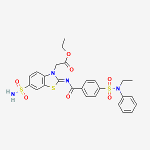 molecular formula C26H26N4O7S3 B2859391 ethyl 2-[(2Z)-2-({4-[ethyl(phenyl)sulfamoyl]benzoyl}imino)-6-sulfamoyl-2,3-dihydro-1,3-benzothiazol-3-yl]acetate CAS No. 865248-44-8