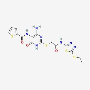 molecular formula C15H15N7O3S4 B2859570 N-(4-amino-2-((2-((5-(ethylthio)-1,3,4-thiadiazol-2-yl)amino)-2-oxoethyl)thio)-6-oxo-1,6-dihydropyrimidin-5-yl)thiophene-2-carboxamide CAS No. 868225-81-4