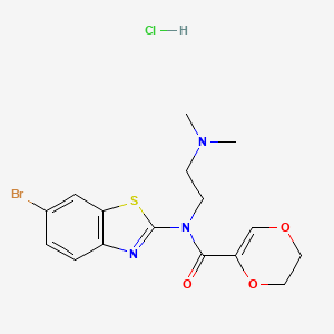 molecular formula C16H19BrClN3O3S B2859621 N-(6-BROMO-1,3-BENZOTHIAZOL-2-YL)-N-[2-(DIMETHYLAMINO)ETHYL]-5,6-DIHYDRO-1,4-DIOXINE-2-CARBOXAMIDE HYDROCHLORIDE CAS No. 1216495-26-9
